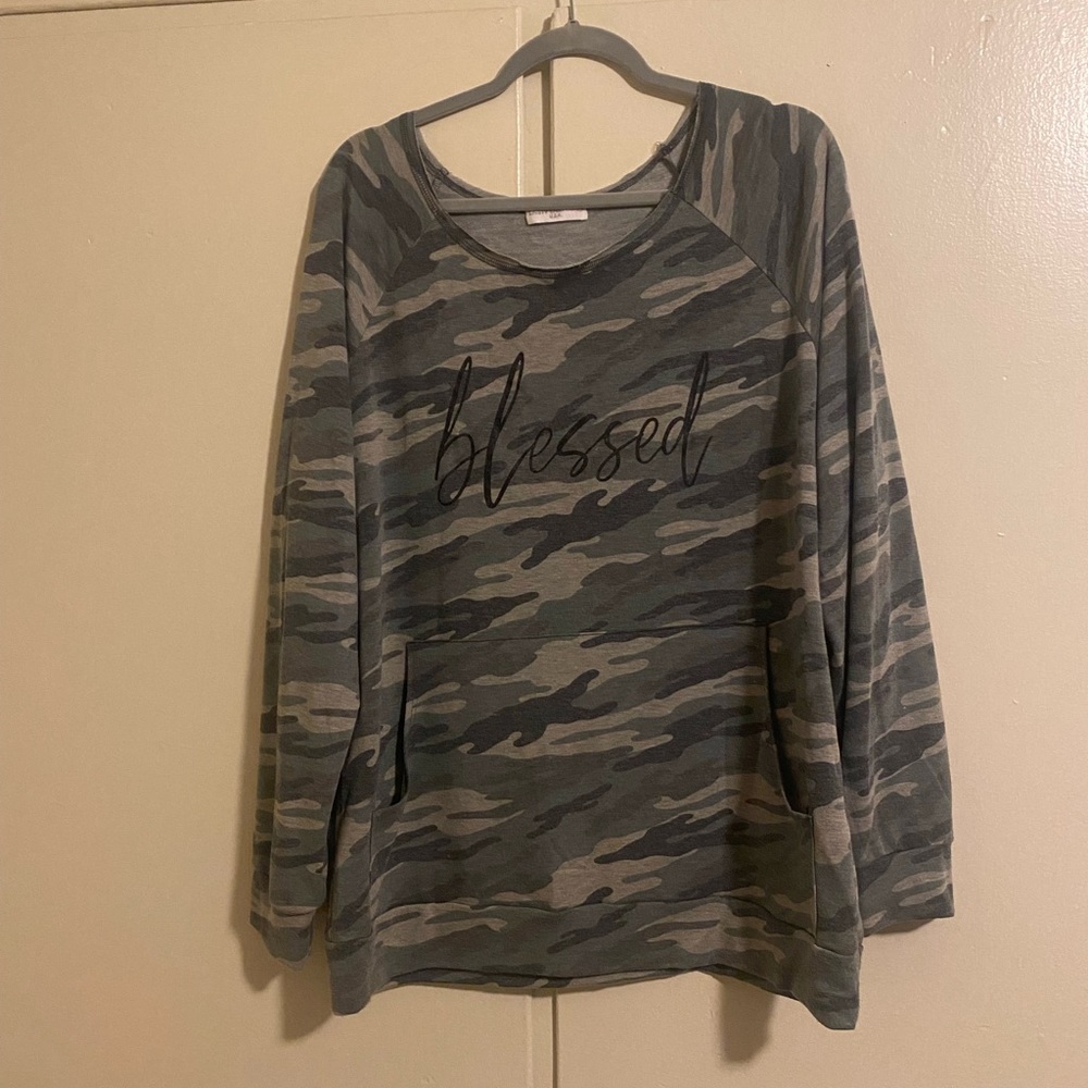 Camo long sleeve pocketed T-shirt ‘Blessed’ size 1X. Worn 1X